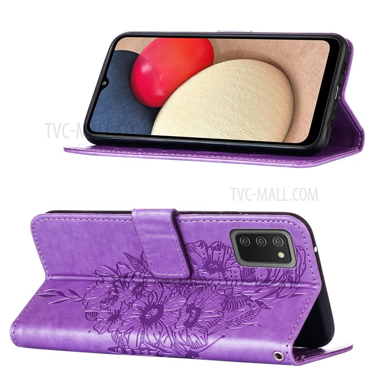 Imprint Butterfly Flower Pattern Wallet Stand Leather Case for Samsung Galaxy A02s (EU Version) - Purple-4