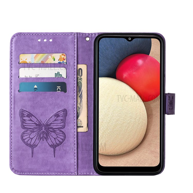 Imprint Butterfly Flower Pattern Wallet Stand Leather Case for Samsung Galaxy A02s (EU Version) - Purple-6