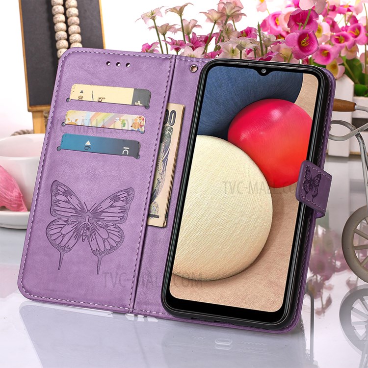 Imprint Butterfly Flower Pattern Wallet Stand Leather Case for Samsung Galaxy A02s (EU Version) - Purple-9