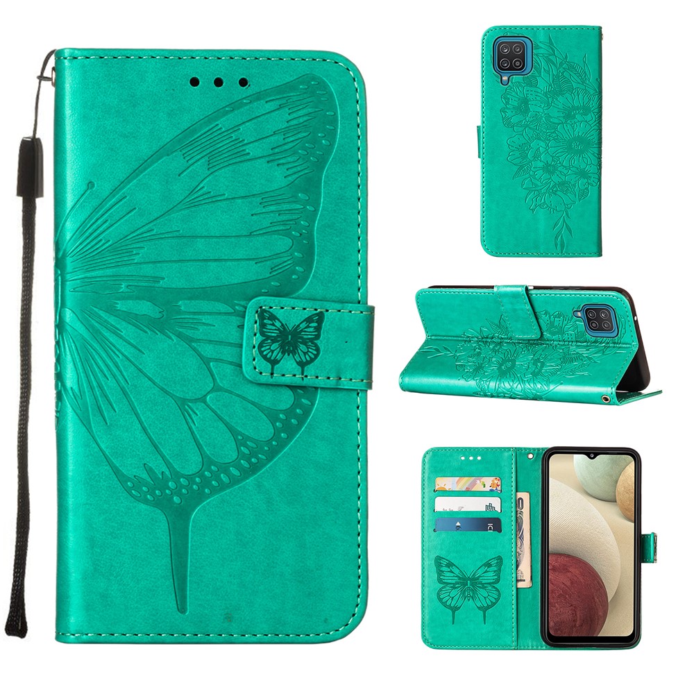 Imprint Butterfly Flower Pattern Wallet Stand Leather Case for Samsung Galaxy A12 - Green-1