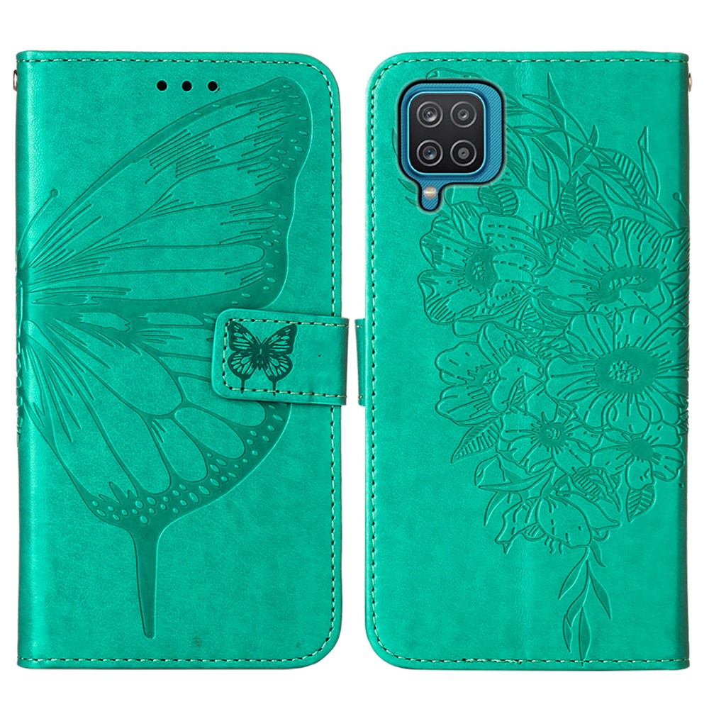 Imprint Butterfly Flower Pattern Wallet Stand Leather Case for Samsung Galaxy A12 - Green-3
