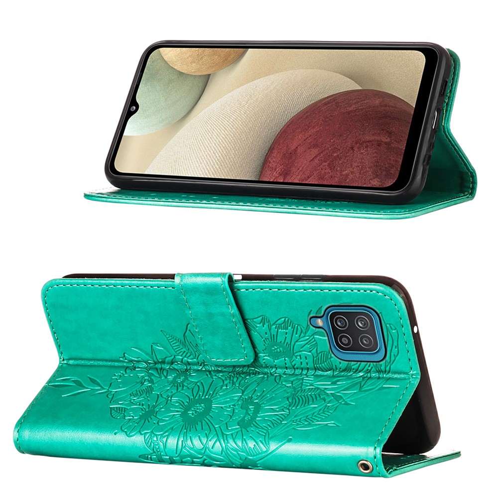 Imprint Butterfly Flower Pattern Wallet Stand Leather Case for Samsung Galaxy A12 - Green-4