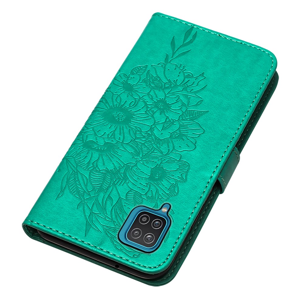 Imprint Butterfly Flower Pattern Wallet Stand Leather Case for Samsung Galaxy A12 - Green-5