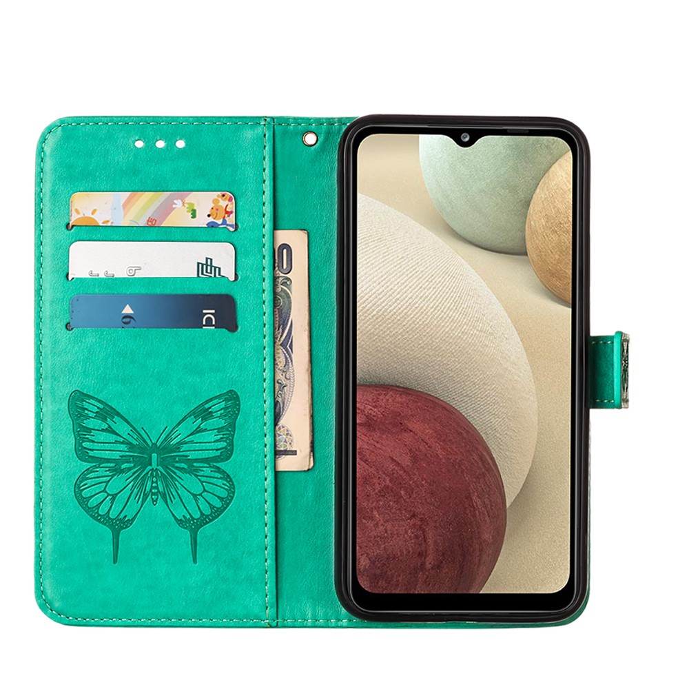 Imprint Butterfly Flower Pattern Wallet Stand Leather Case for Samsung Galaxy A12 - Green-6