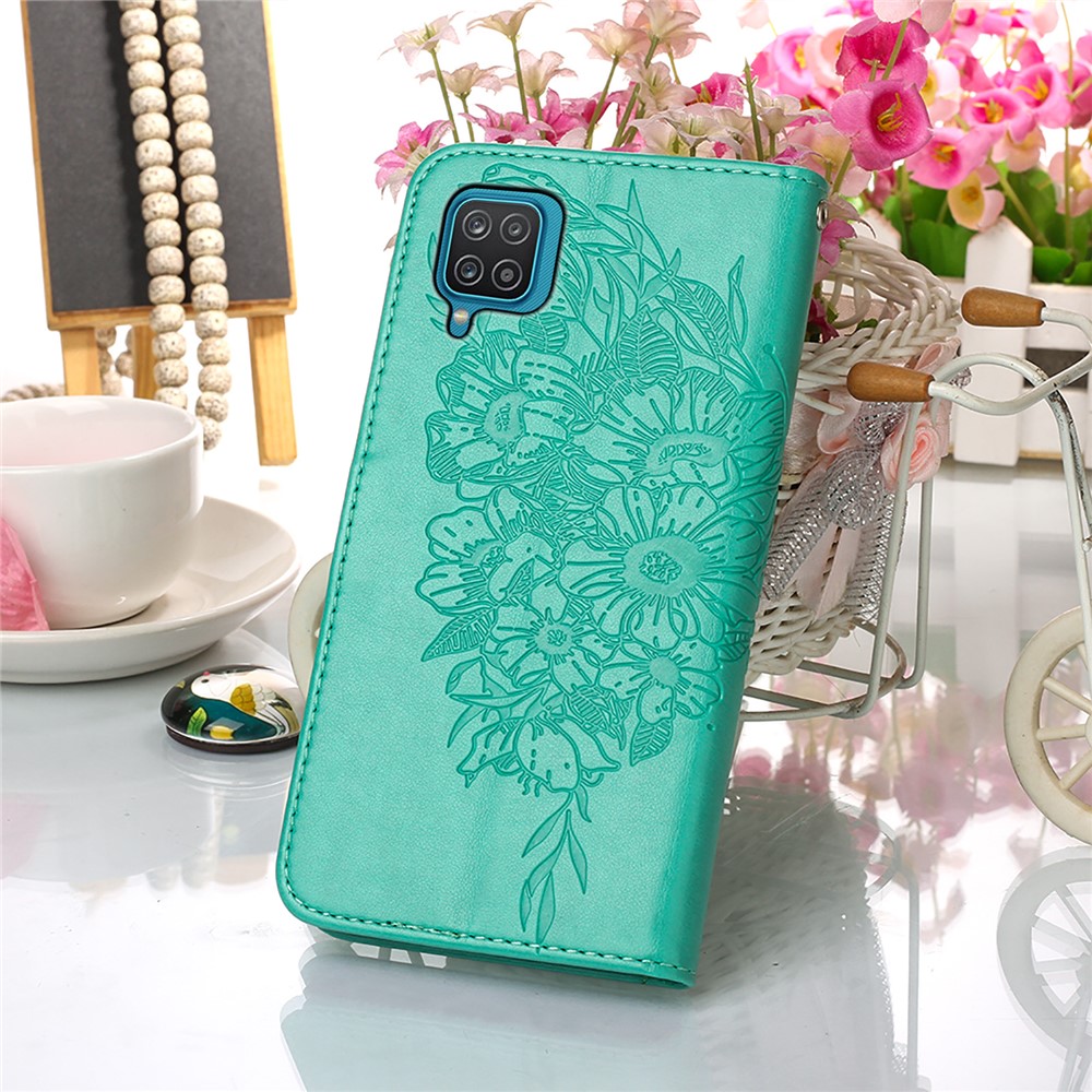 Imprint Butterfly Flower Pattern Wallet Stand Leather Case for Samsung Galaxy A12 - Green-8