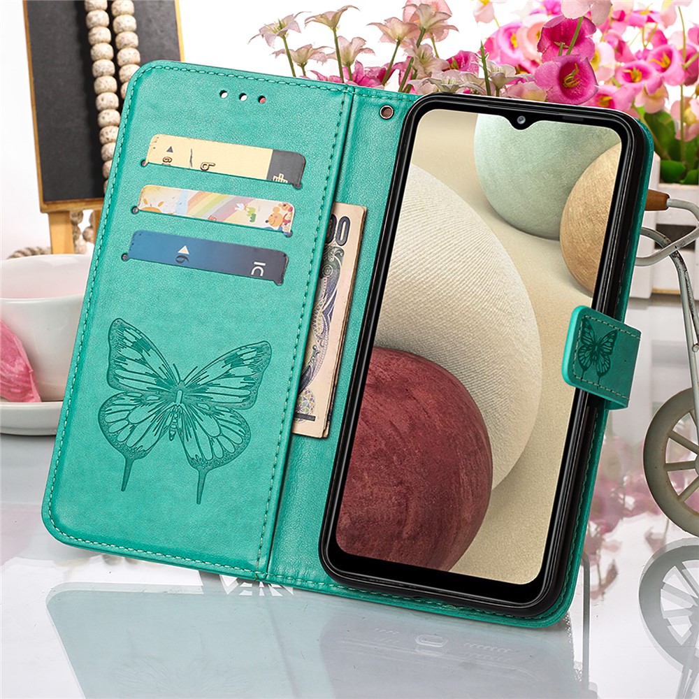 Imprint Butterfly Flower Pattern Wallet Stand Leather Case for Samsung Galaxy A12 - Green-9