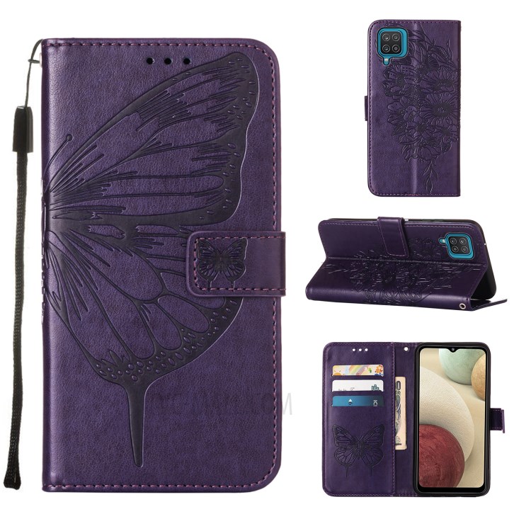 Imprint Butterfly Flower Pattern Wallet Stand Leather Case for Samsung Galaxy A12 - Dark Purple-1