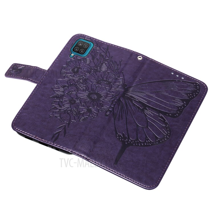 Imprint Butterfly Flower Pattern Wallet Stand Leather Case for Samsung Galaxy A12 - Dark Purple-10