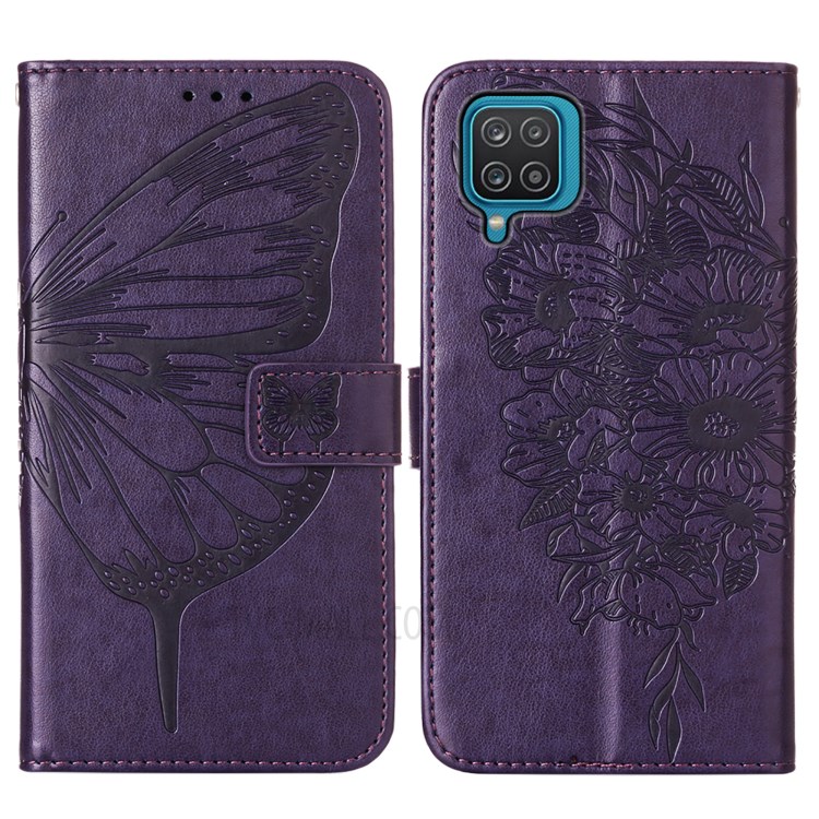 Imprint Butterfly Flower Pattern Wallet Stand Leather Case for Samsung Galaxy A12 - Dark Purple-3