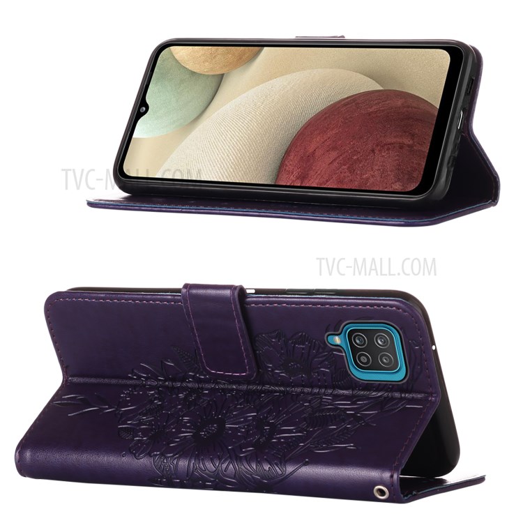 Imprint Butterfly Flower Pattern Wallet Stand Leather Case for Samsung Galaxy A12 - Dark Purple-4