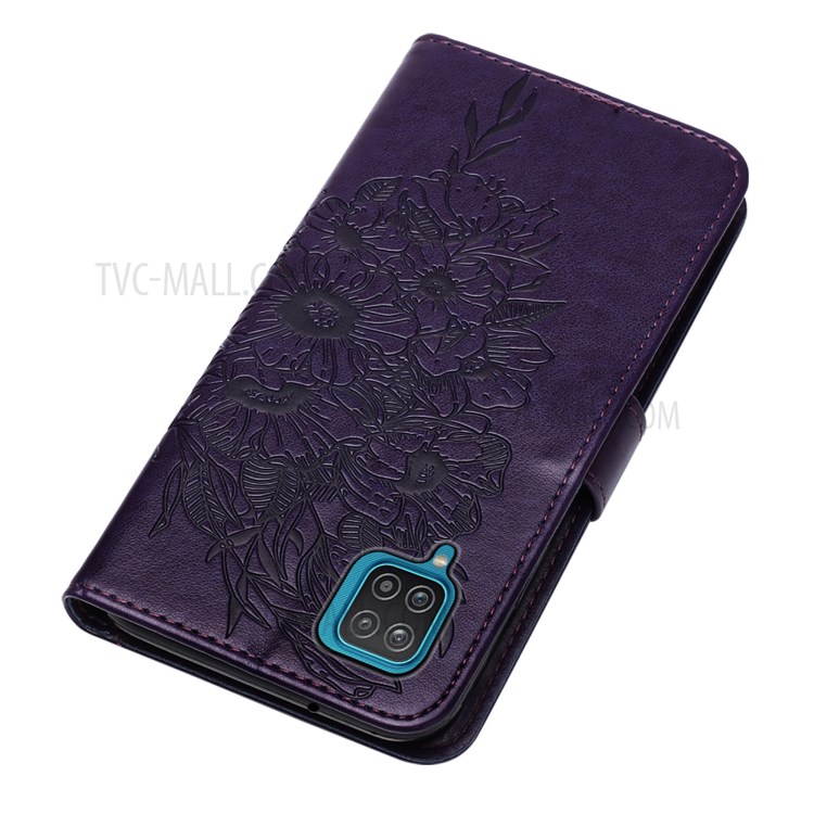 Imprint Butterfly Flower Pattern Wallet Stand Leather Case for Samsung Galaxy A12 - Dark Purple-5
