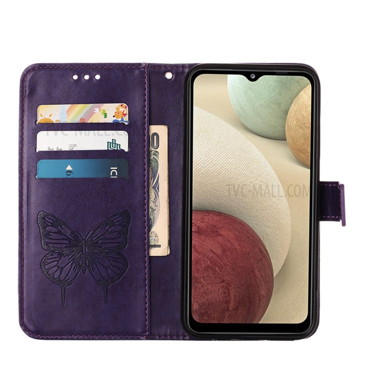 Imprint Butterfly Flower Pattern Wallet Stand Leather Case for Samsung Galaxy A12 - Dark Purple-6