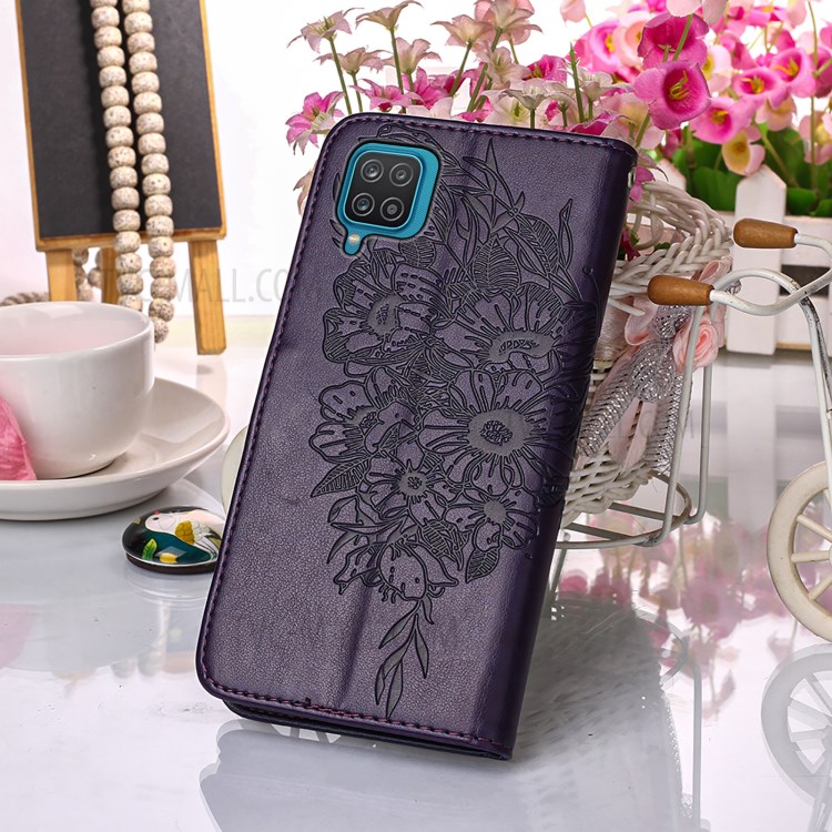 Imprint Butterfly Flower Pattern Wallet Stand Leather Case for Samsung Galaxy A12 - Dark Purple-8