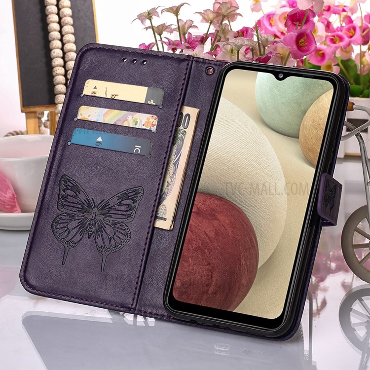 Imprint Butterfly Flower Pattern Wallet Stand Leather Case for Samsung Galaxy A12 - Dark Purple-9