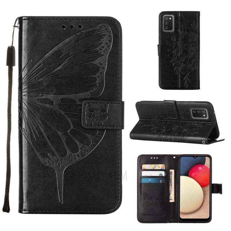 Imprint Butterfly Flower Pattern Wallet Stand Leather Case for Samsung Galaxy A02s (US Version) - Black-1