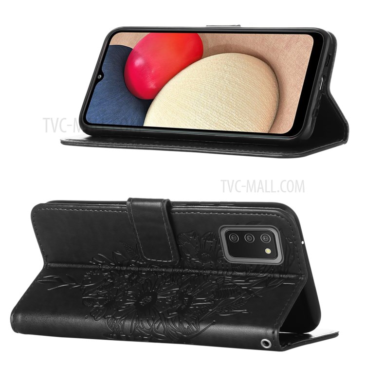 Imprint Butterfly Flower Pattern Wallet Stand Leather Case for Samsung Galaxy A02s (US Version) - Black-4