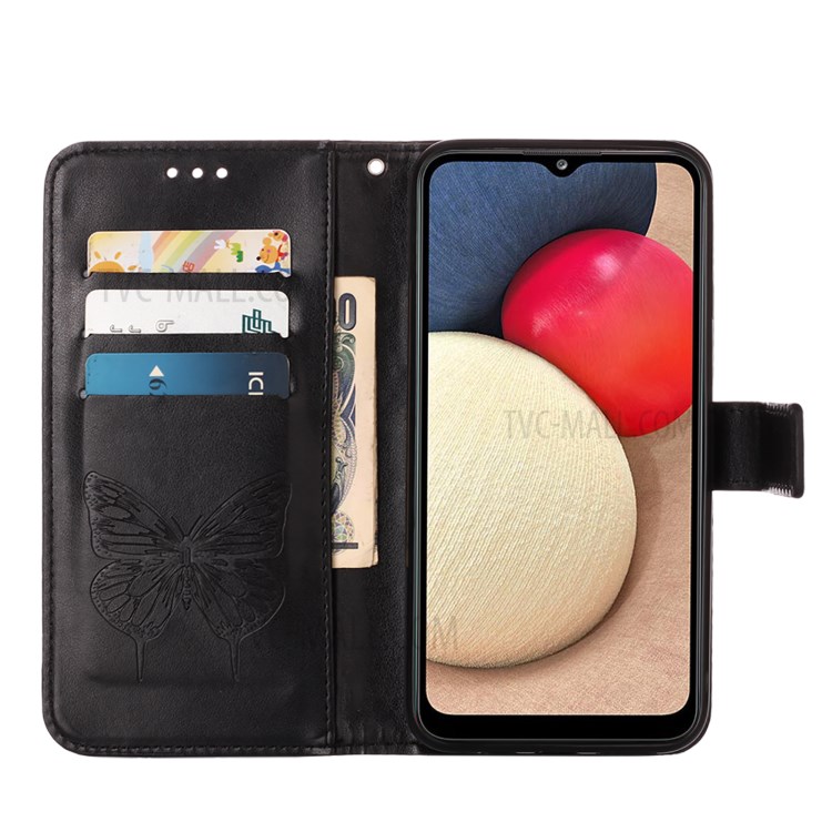 Imprint Butterfly Flower Pattern Wallet Stand Leather Case for Samsung Galaxy A02s (US Version) - Black-6