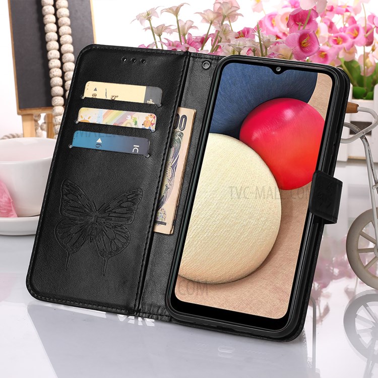 Imprint Butterfly Flower Pattern Wallet Stand Leather Case for Samsung Galaxy A02s (US Version) - Black-9