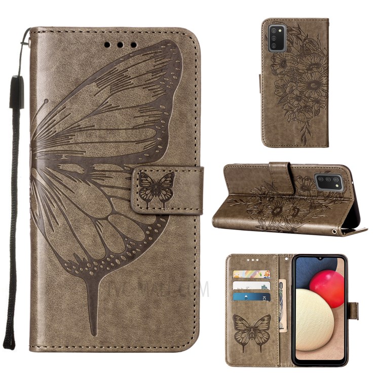 Imprint Butterfly Flower Pattern Wallet Stand Leather Case for Samsung Galaxy A02s (US Version) - Grey-1