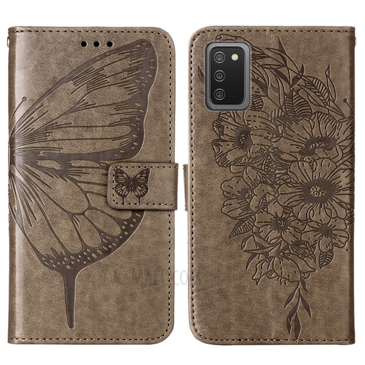 Imprint Butterfly Flower Pattern Wallet Stand Leather Case for Samsung Galaxy A02s (US Version) - Grey-3
