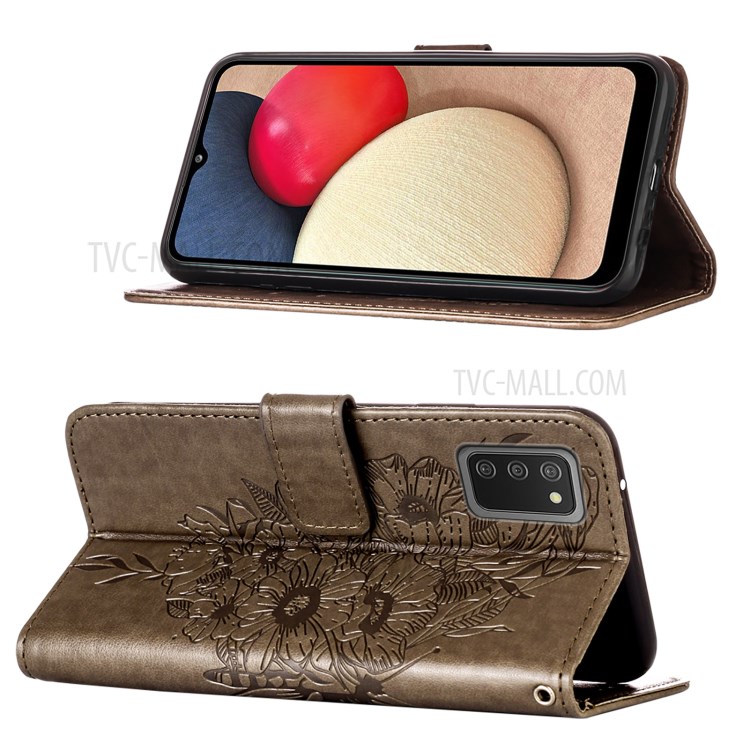 Imprint Butterfly Flower Pattern Wallet Stand Leather Case for Samsung Galaxy A02s (US Version) - Grey-4