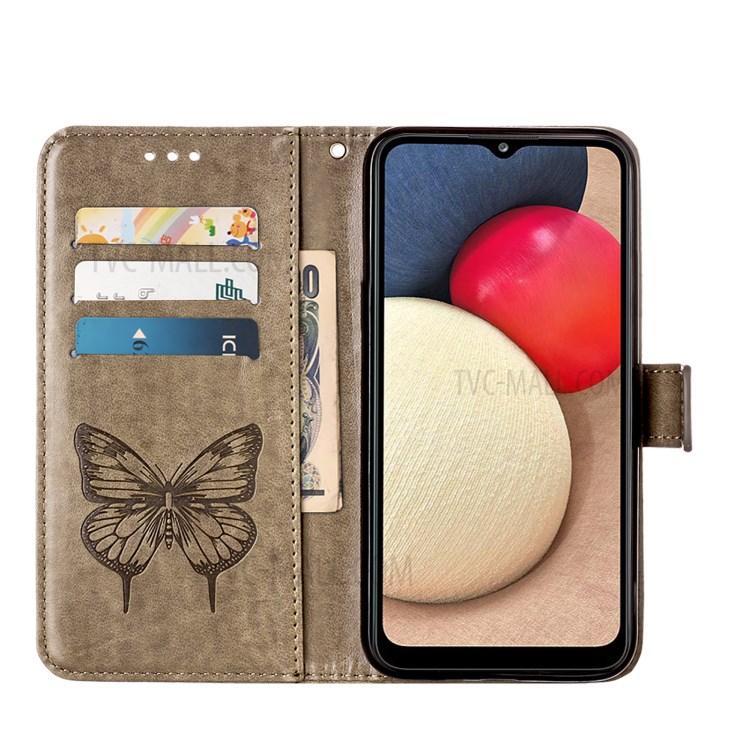 Imprint Butterfly Flower Pattern Wallet Stand Leather Case for Samsung Galaxy A02s (US Version) - Grey-6