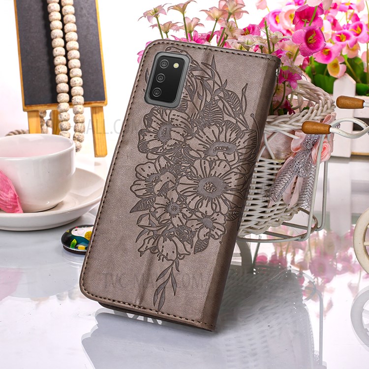 Imprint Butterfly Flower Pattern Wallet Stand Leather Case for Samsung Galaxy A02s (US Version) - Grey-8