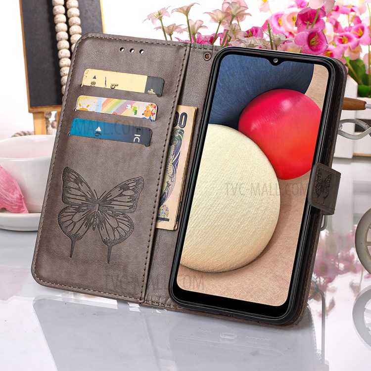 Imprint Butterfly Flower Pattern Wallet Stand Leather Case for Samsung Galaxy A02s (US Version) - Grey-9