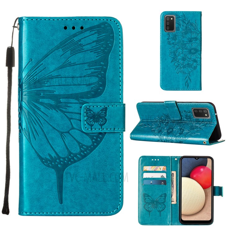 Imprint Butterfly Flower Pattern Wallet Stand Leather Case for Samsung Galaxy A02s (US Version) - Blue-1