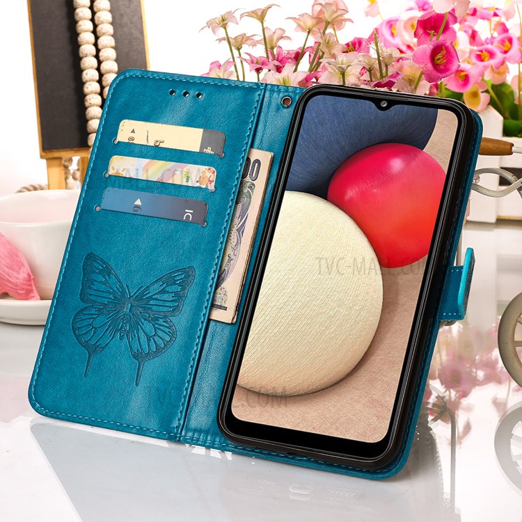 Imprint Butterfly Flower Pattern Wallet Stand Leather Case for Samsung Galaxy A02s (US Version) - Blue-9