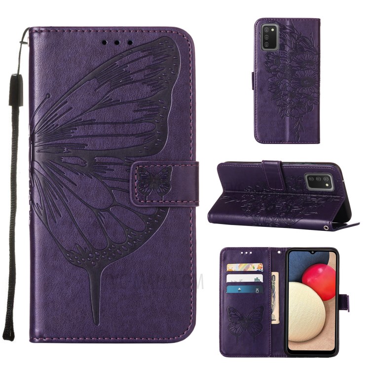 Imprint Butterfly Flower Pattern Wallet Stand Leather Case for Samsung Galaxy A02s (US Version) - Dark Purple-1