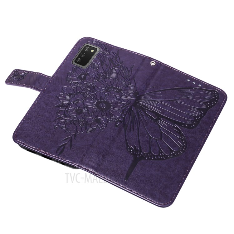 Imprint Butterfly Flower Pattern Wallet Stand Leather Case for Samsung Galaxy A02s (US Version) - Dark Purple-10
