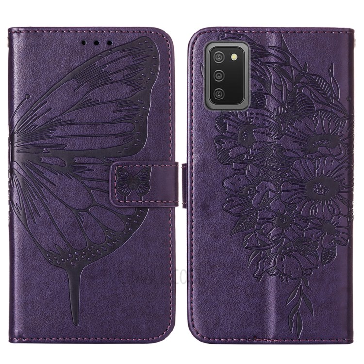 Imprint Butterfly Flower Pattern Wallet Stand Leather Case for Samsung Galaxy A02s (US Version) - Dark Purple-3