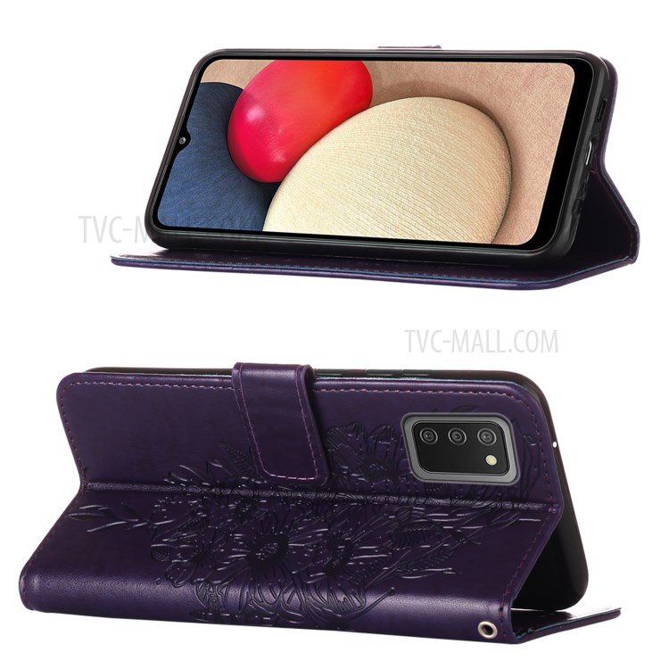 Imprint Butterfly Flower Pattern Wallet Stand Leather Case for Samsung Galaxy A02s (US Version) - Dark Purple-4