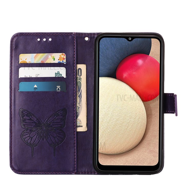 Imprint Butterfly Flower Pattern Wallet Stand Leather Case for Samsung Galaxy A02s (US Version) - Dark Purple-6
