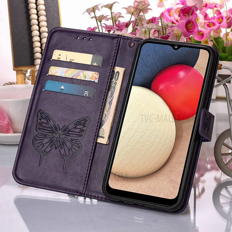 Imprint Butterfly Flower Pattern Wallet Stand Leather Case for Samsung Galaxy A02s (US Version) - Dark Purple-9