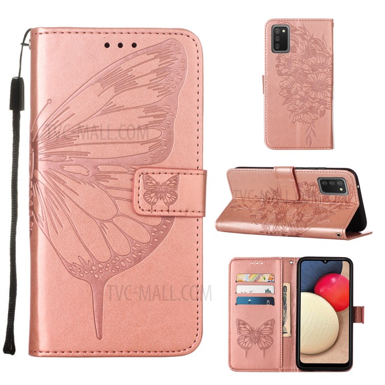 Imprint Butterfly Flower Pattern Wallet Stand Leather Case for Samsung Galaxy A02s (US Version) - Rose Gold-1