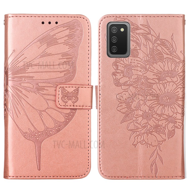 Imprint Butterfly Flower Pattern Wallet Stand Leather Case for Samsung Galaxy A02s (US Version) - Rose Gold-3