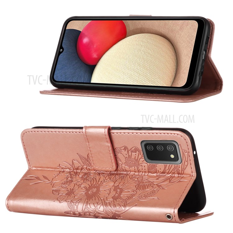 Imprint Butterfly Flower Pattern Wallet Stand Leather Case for Samsung Galaxy A02s (US Version) - Rose Gold-4