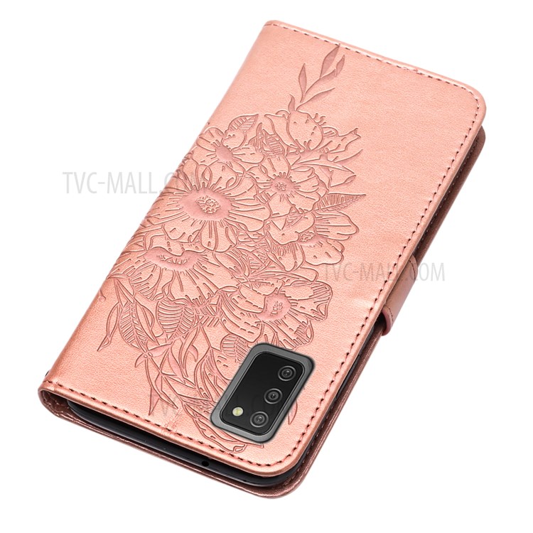 Imprint Butterfly Flower Pattern Wallet Stand Leather Case for Samsung Galaxy A02s (US Version) - Rose Gold-5