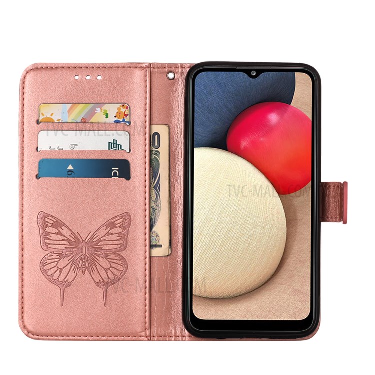 Imprint Butterfly Flower Pattern Wallet Stand Leather Case for Samsung Galaxy A02s (US Version) - Rose Gold-6
