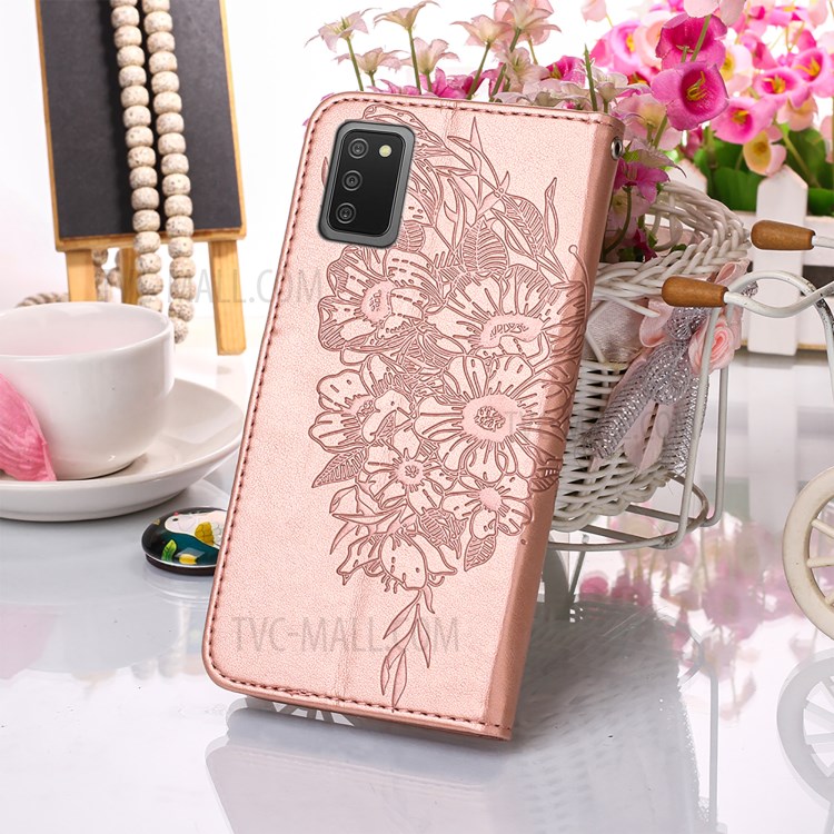 Imprint Butterfly Flower Pattern Wallet Stand Leather Case for Samsung Galaxy A02s (US Version) - Rose Gold-8