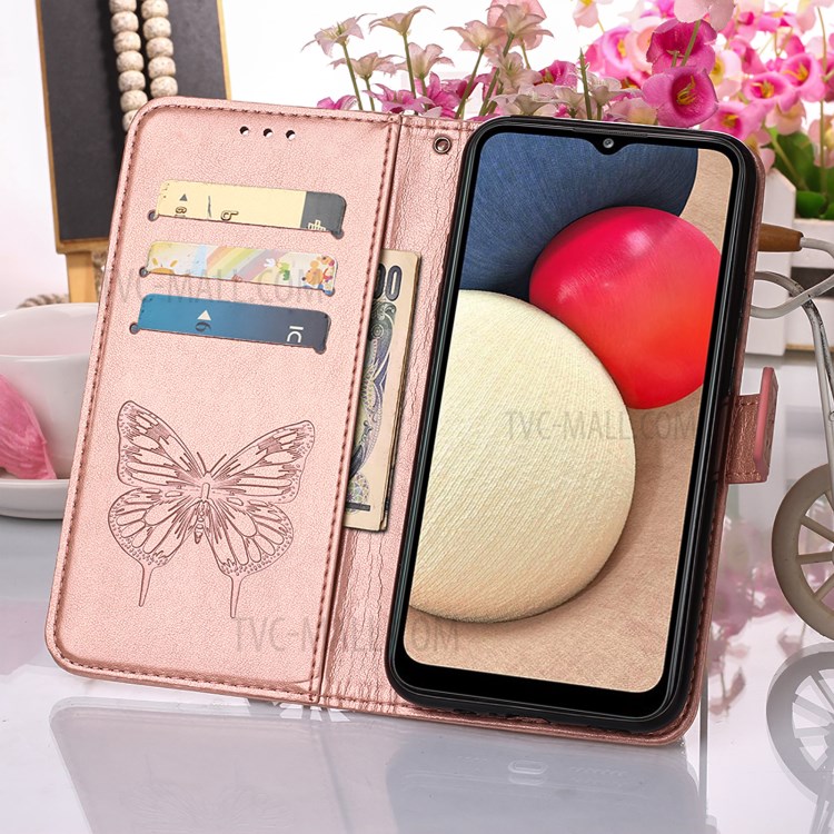 Imprint Butterfly Flower Pattern Wallet Stand Leather Case for Samsung Galaxy A02s (US Version) - Rose Gold-9