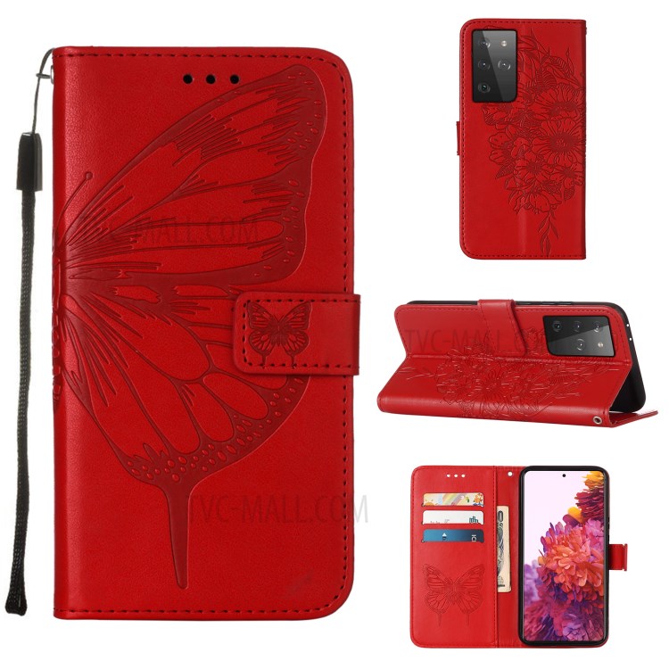 Imprint Butterfly Flower Pattern Wallet Stand Leather Case for Samsung Galaxy S21 Ultra 5G - Red-1