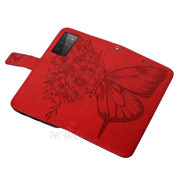 Imprint Butterfly Flower Pattern Wallet Stand Leather Case for Samsung Galaxy S21 Ultra 5G - Red-10