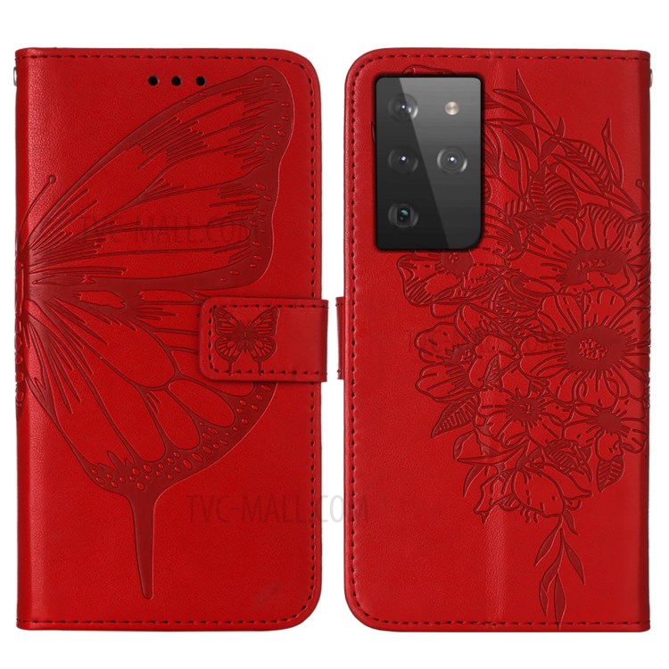 Imprint Butterfly Flower Pattern Wallet Stand Leather Case for Samsung Galaxy S21 Ultra 5G - Red-3