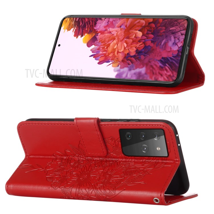 Imprint Butterfly Flower Pattern Wallet Stand Leather Case for Samsung Galaxy S21 Ultra 5G - Red-4