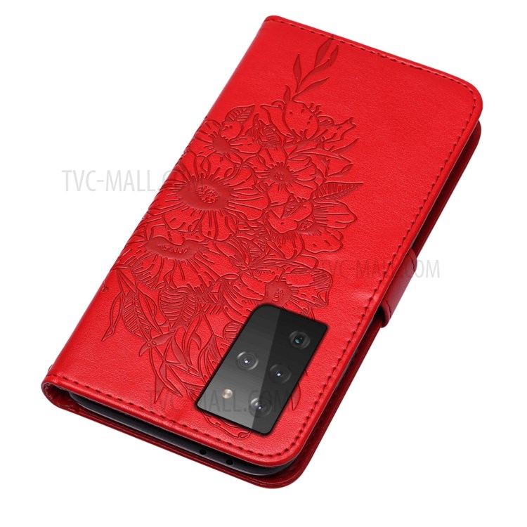 Imprint Butterfly Flower Pattern Wallet Stand Leather Case for Samsung Galaxy S21 Ultra 5G - Red-5