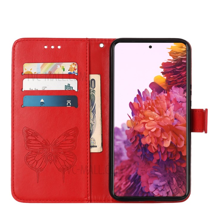 Imprint Butterfly Flower Pattern Wallet Stand Leather Case for Samsung Galaxy S21 Ultra 5G - Red-6