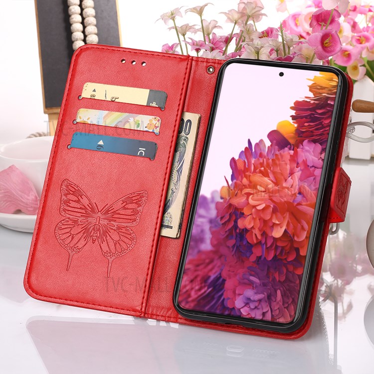 Imprint Butterfly Flower Pattern Wallet Stand Leather Case for Samsung Galaxy S21 Ultra 5G - Red-9